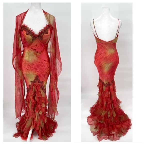 Vintage Dresses & Skirts - Vintage 90s Y2K 100% Silk Beaded Dress Vintage Silk Dress Prom Fairy Watercolor